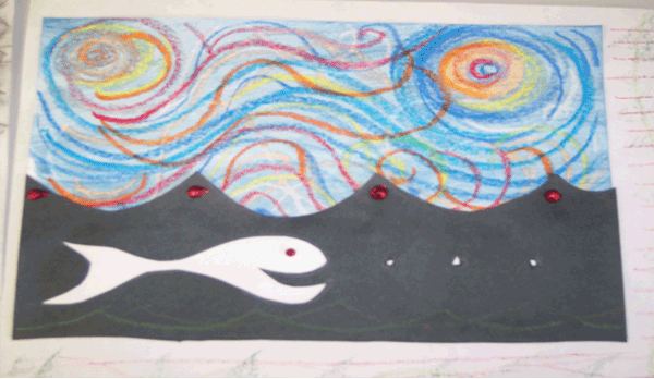 Example of a wax resist and silhouette of an underwater scene